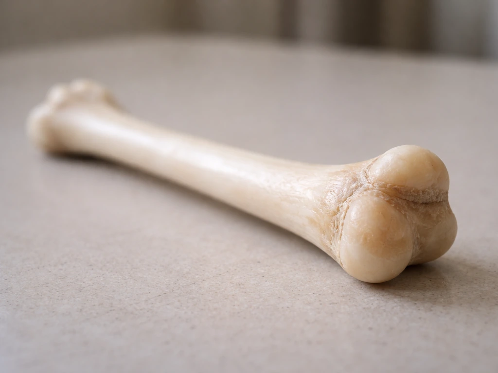 Realistic close-up of a long bone model showing growth plates near the ends in soft lab lighting.