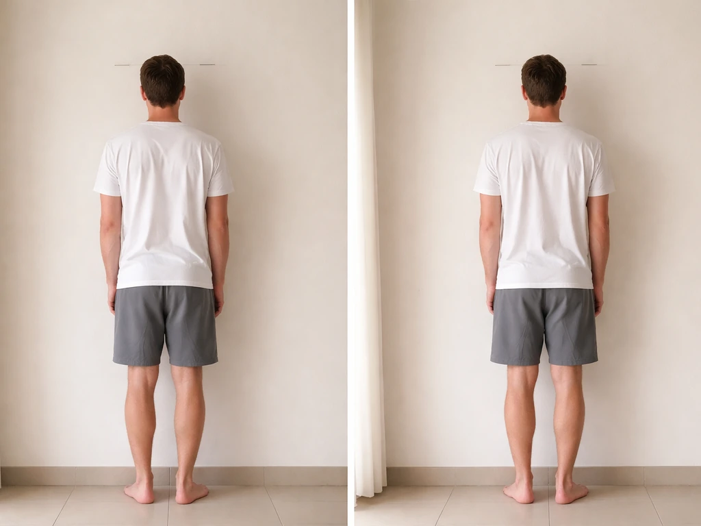 Anonymous adult standing against a wall in a split morning/evening height comparison scene.