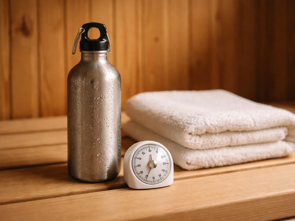 Close-up of a water bottle, timer, and folded sauna towel on a warm wooden bench.