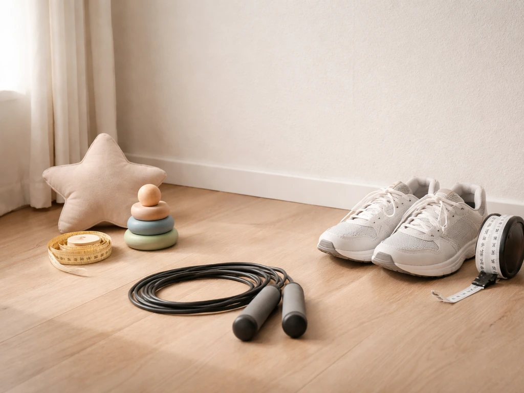 Minimal scene with measuring tape and jump rope on a floor, suggesting evidence-based height growth by age.