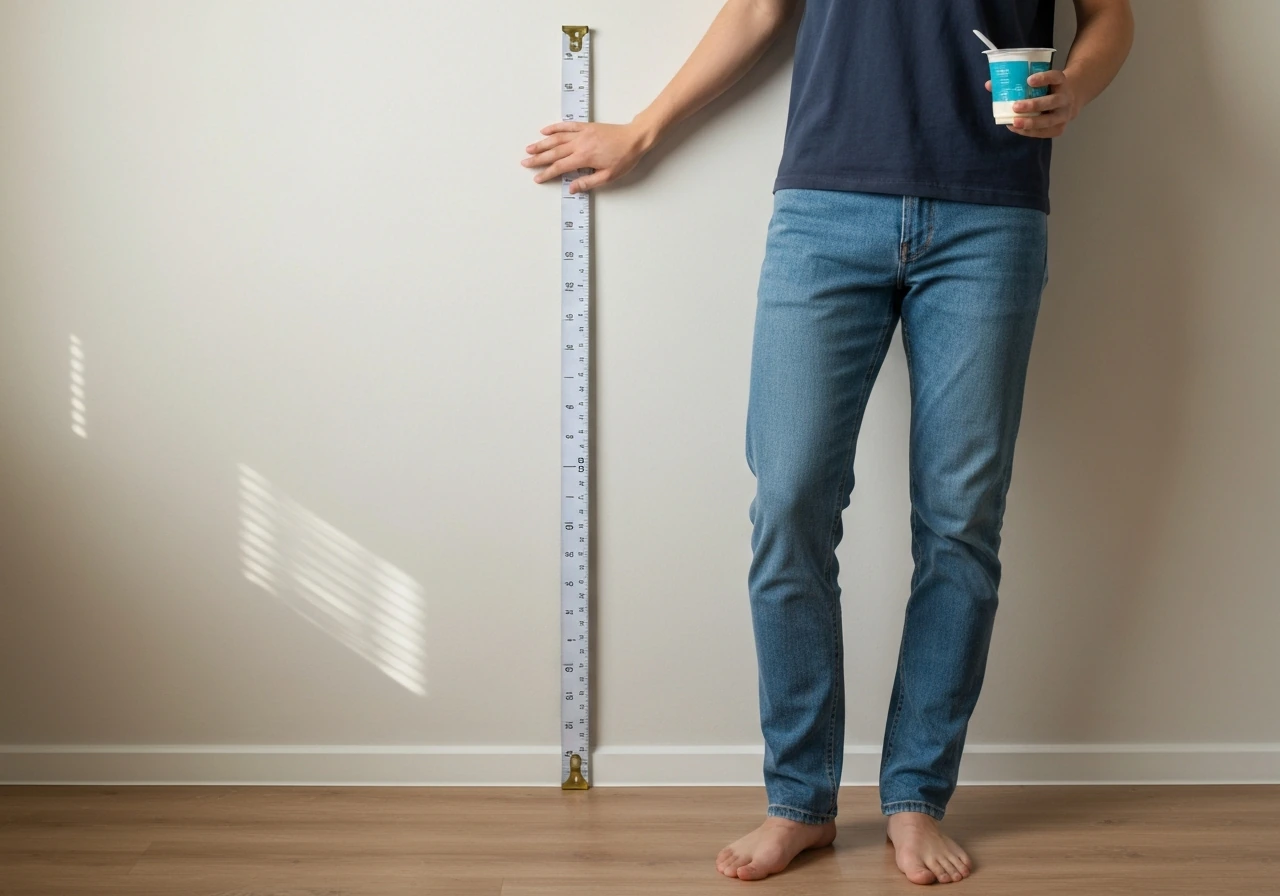 Person near a height measuring tape holding a yogurt cup by a wall, suggesting yogurt for growth.