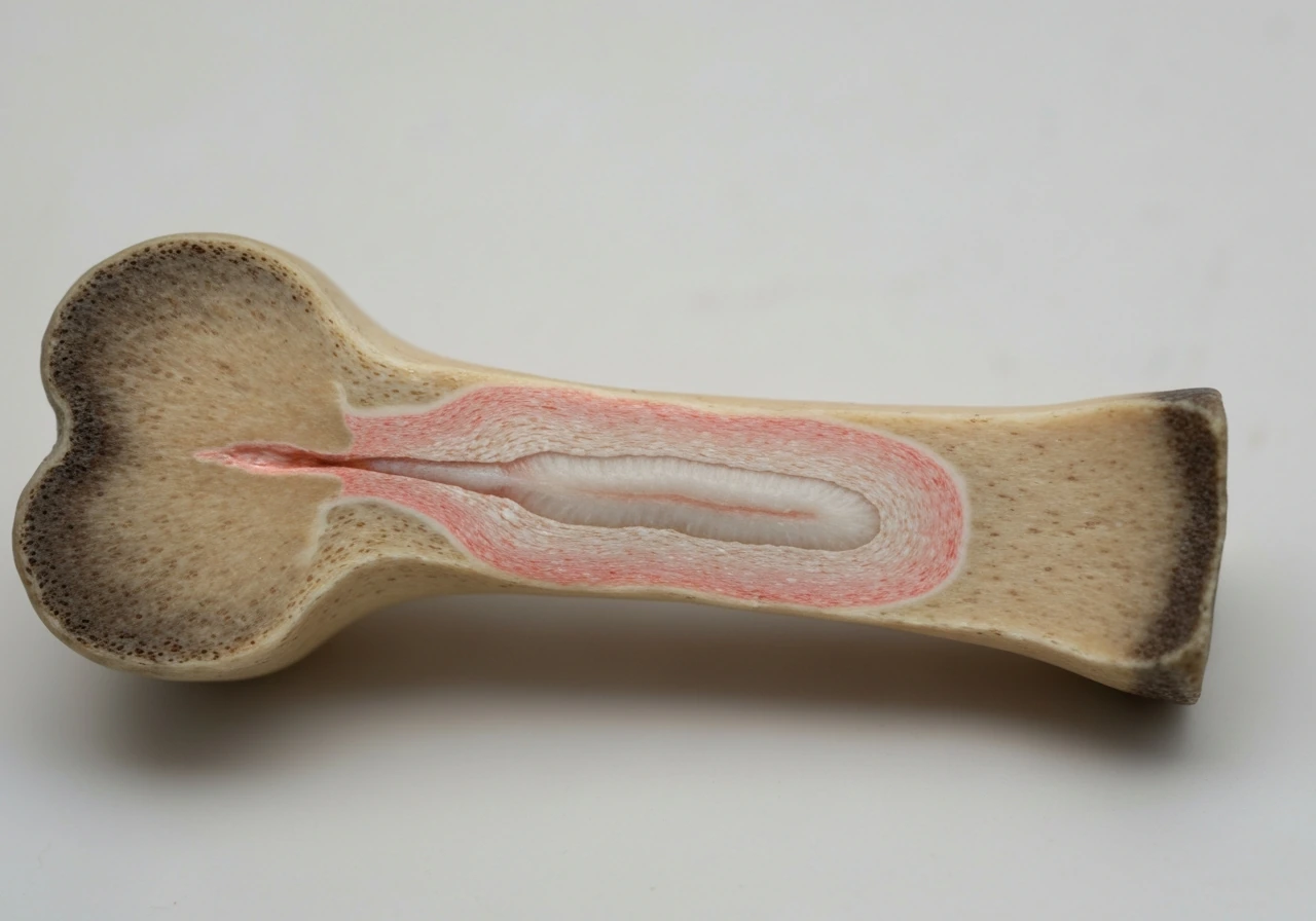 Close-up of a long bone with visible growth plate cartilage zones near the ends