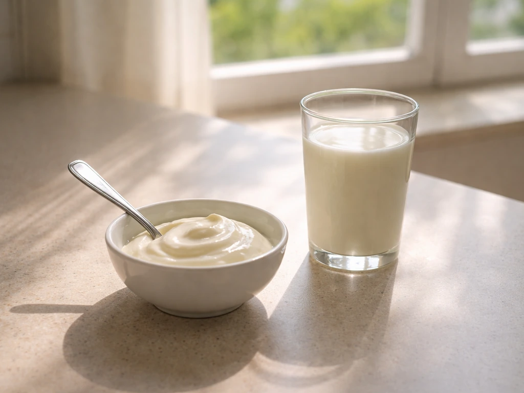 Yogurt and milk on a countertop with sunbeams from a window, suggesting calcium and vitamin D together.