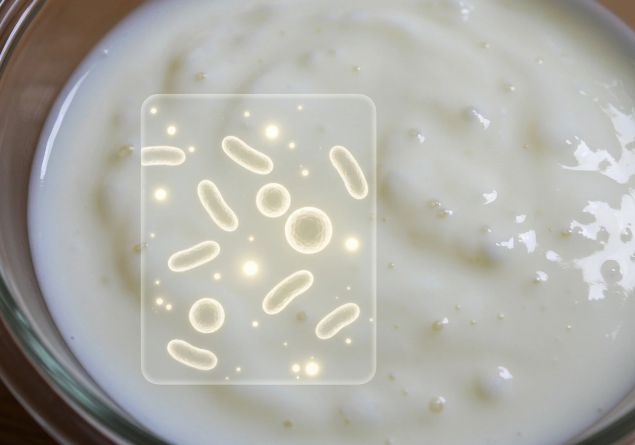 Ultra-close yogurt surface with a clear inset showing generic live bacteria shapes.