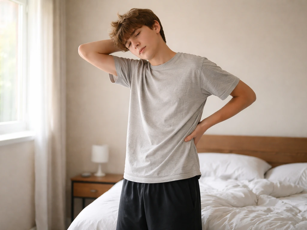 Teen stretching in a bedroom while holding their lower back, looking mildly uncomfortable.