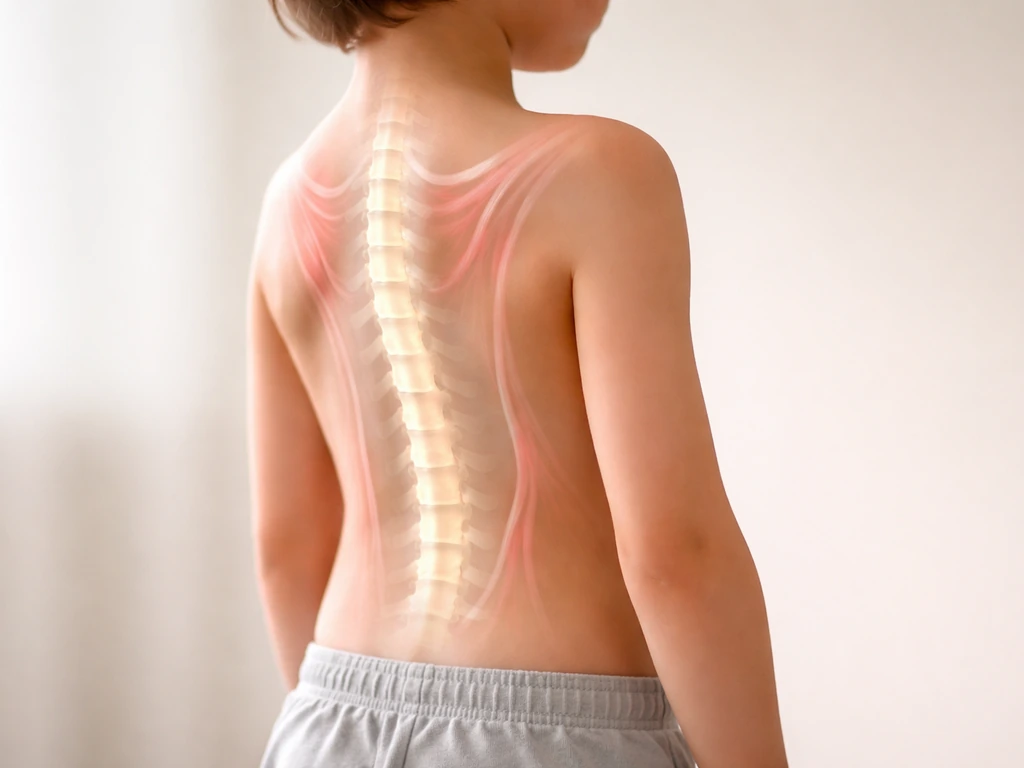 Side view of a child’s back with subtle translucent overlays suggesting tight tendons during growth