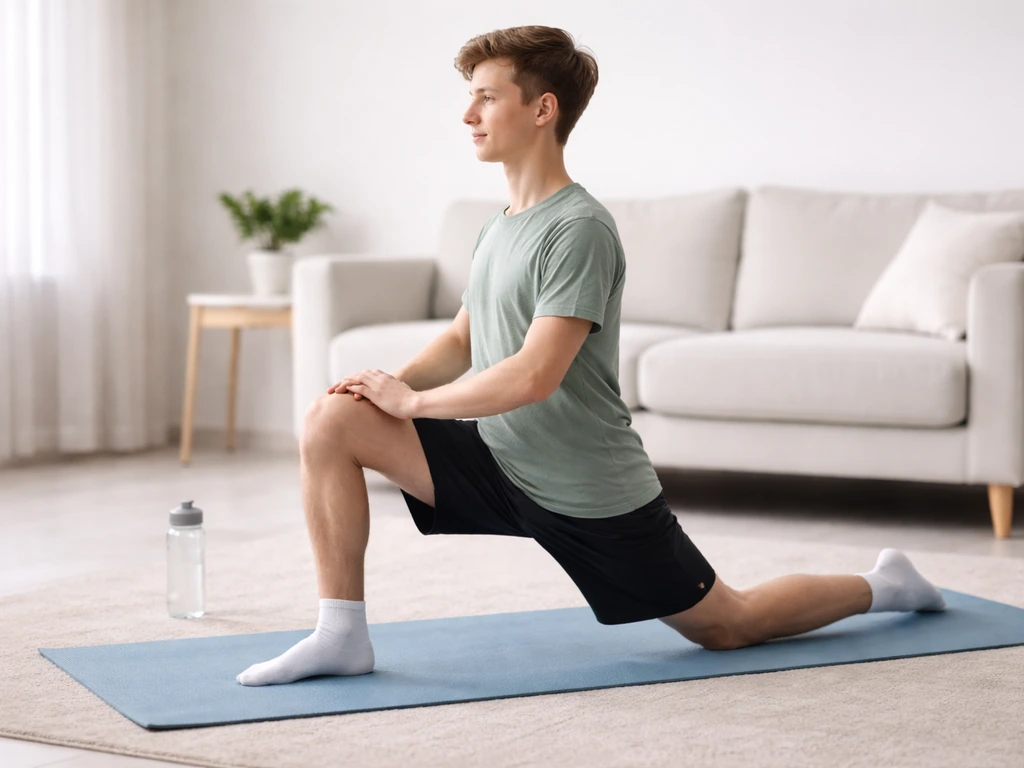 Youth on a yoga mat performing a hip flexor stretch with hands on front thigh for balance.