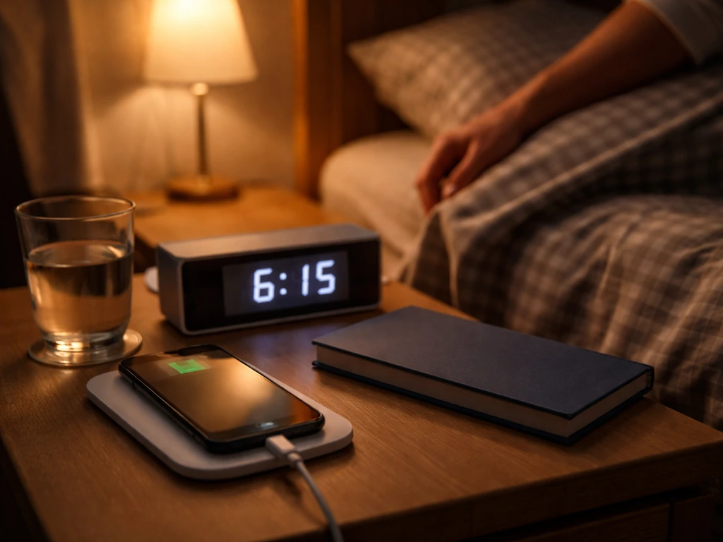 Dim teen bedroom at bedtime with a phone charging and a glowing clock beside a gently tucked-in bed