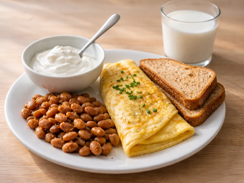 Minimal plate with yogurt, eggs, beans, whole-grain toast, and milk for protein and calories