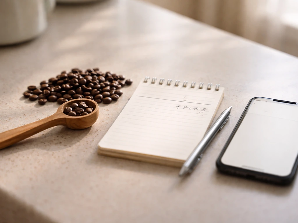 Close-up of coffee beans, a measuring spoon, and a smartphone note showing a caffeine intake limit.