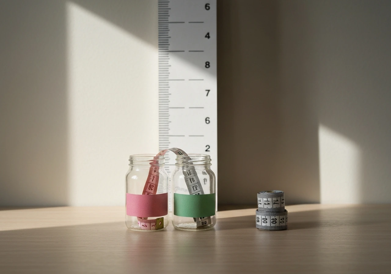 Two unlabeled jars of measuring tapes on a light wood desk, hinting earlier vs later growth spurt timing.