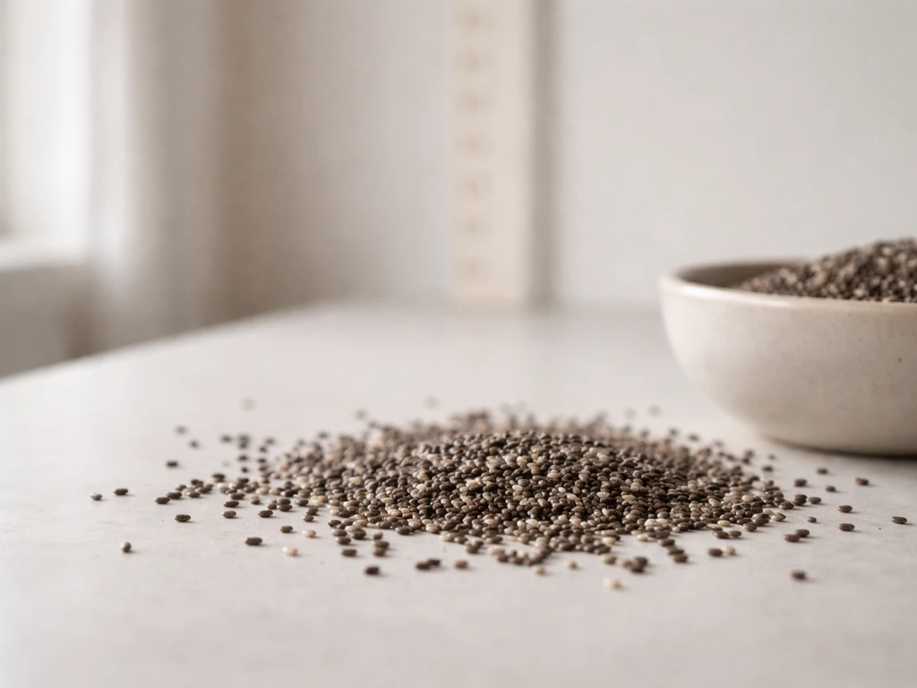 Chia seeds on a kitchen counter with a soft height-measure tape blurred in the background.