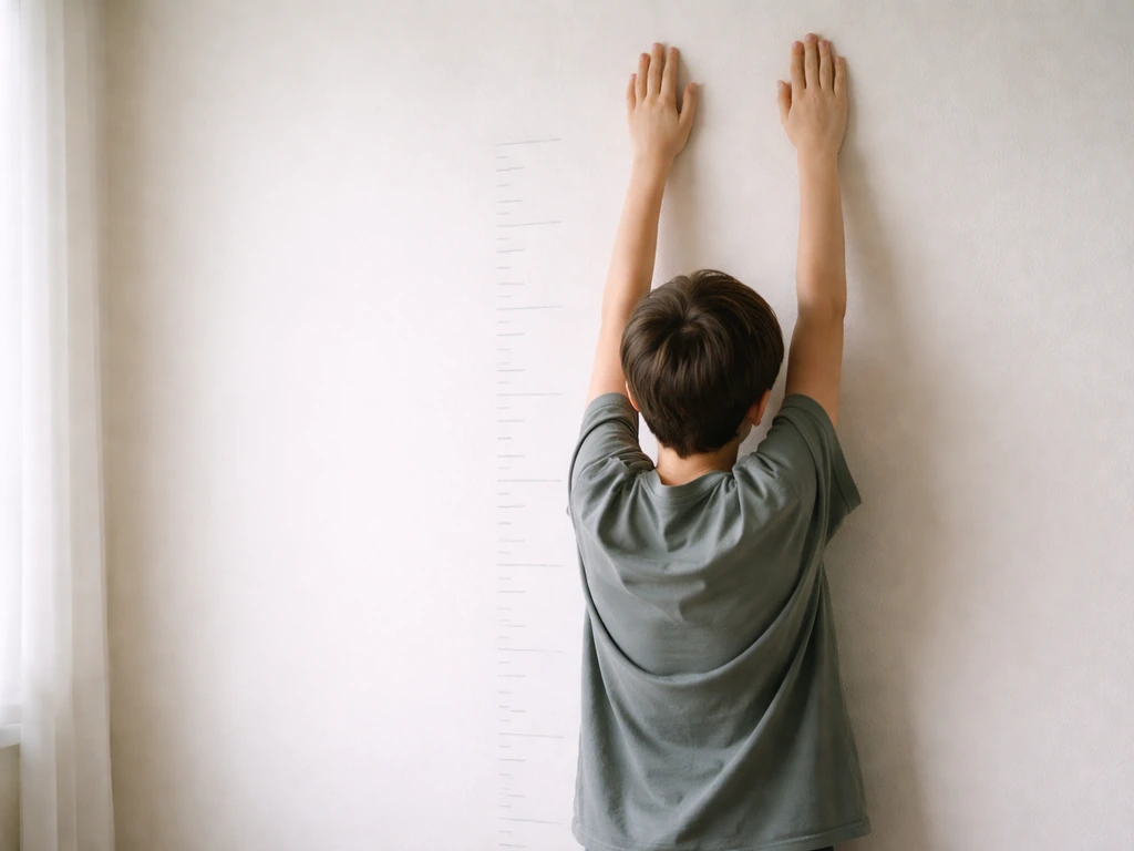 Teen stretching beside a plain wall with a height measurement strip, emphasizing height inquiry