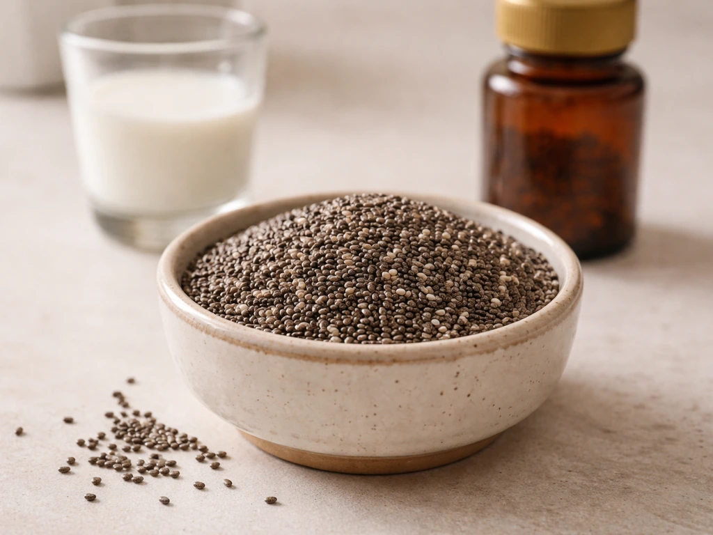 Chia seeds in a small bowl with a glass of milk and a simple supplement bottle nearby