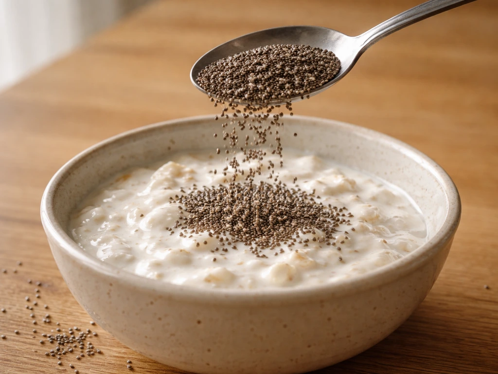 Spoonful of chia seeds being mixed into a bowl of yogurt and oats for a daily portion.