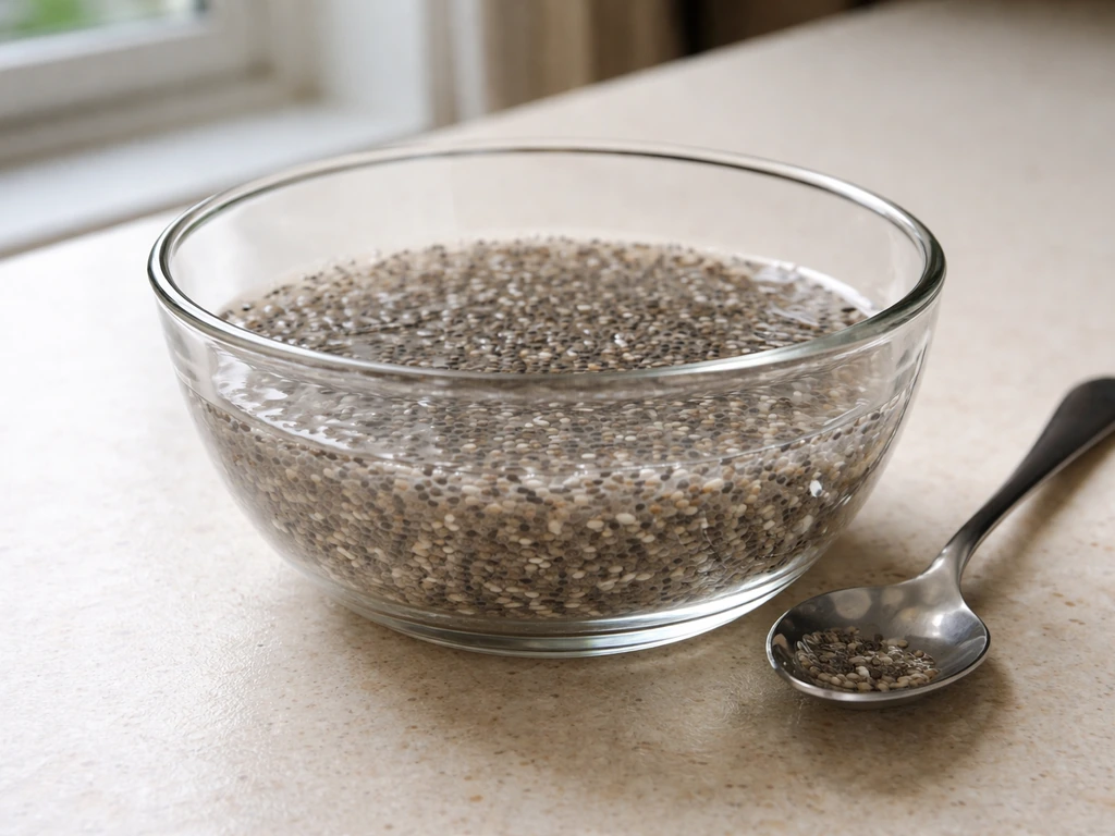 Chia seeds soaking in a glass of water, forming a gel with visible hydration process.