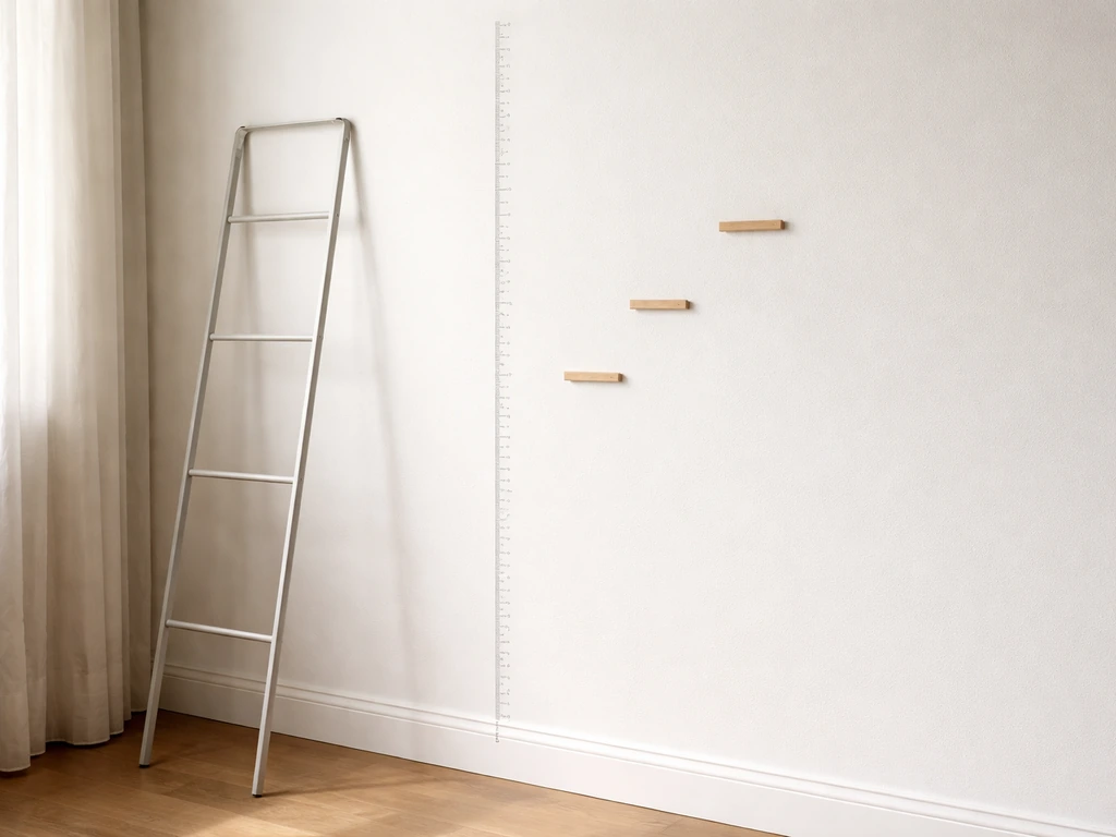 Minimal height-measure wall with growth markers and a simple ladder-like timeline suggesting teenage growth.
