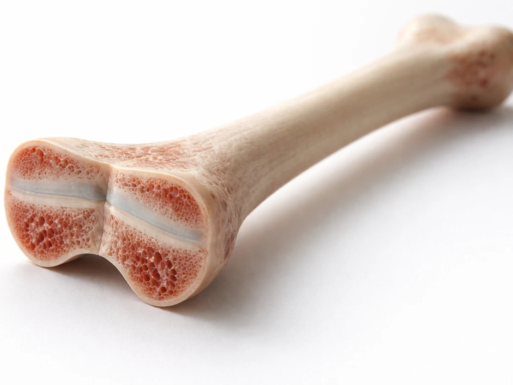 Close-up of a realistic long bone cross-section with visible growth plate zones near the ends.