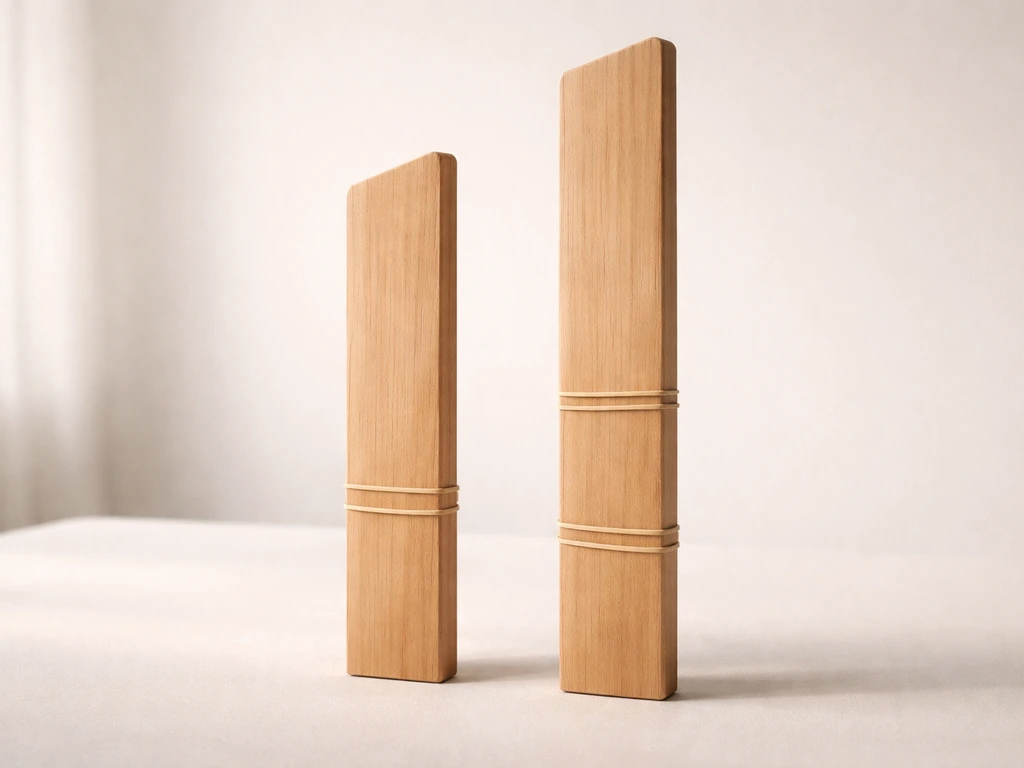 Side-by-side photo of two simple height rulers with rubber bands indicating shorter vs longer growth timing.