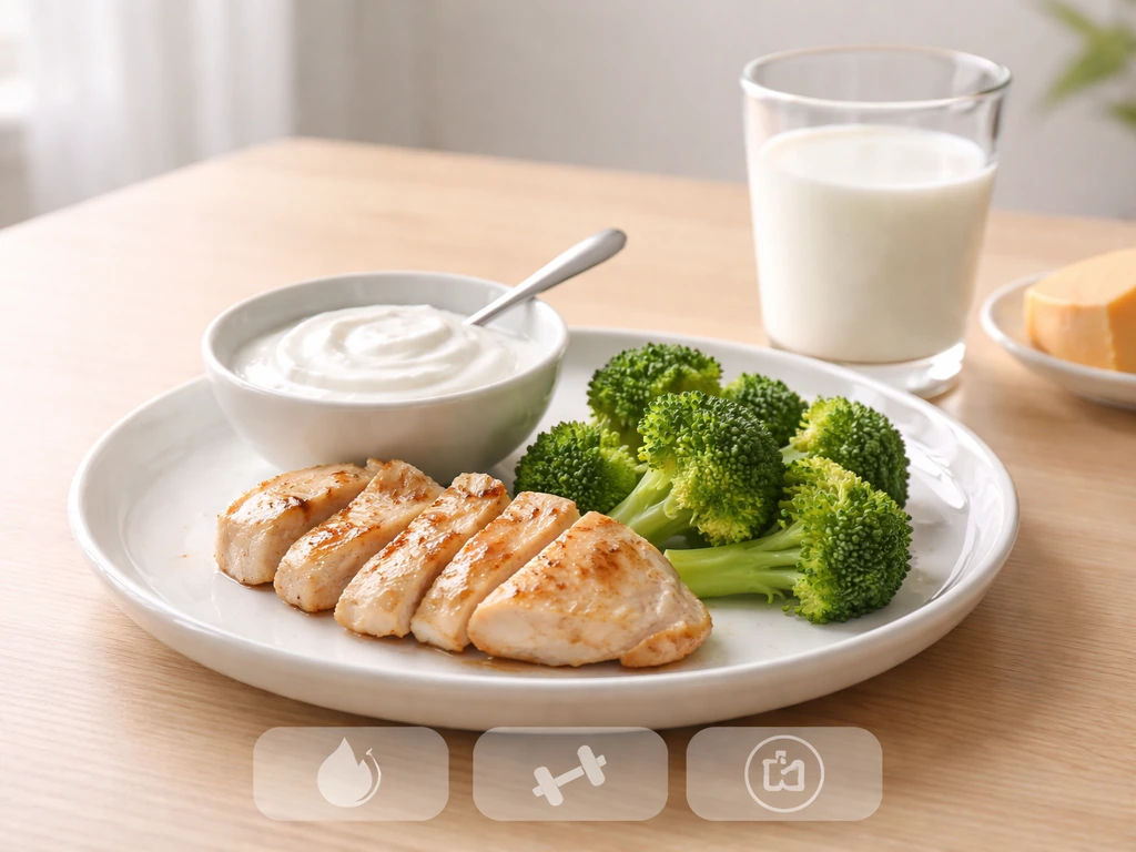 Simple plate with protein and calcium-rich foods beside a milk glass, minimal and realistic.