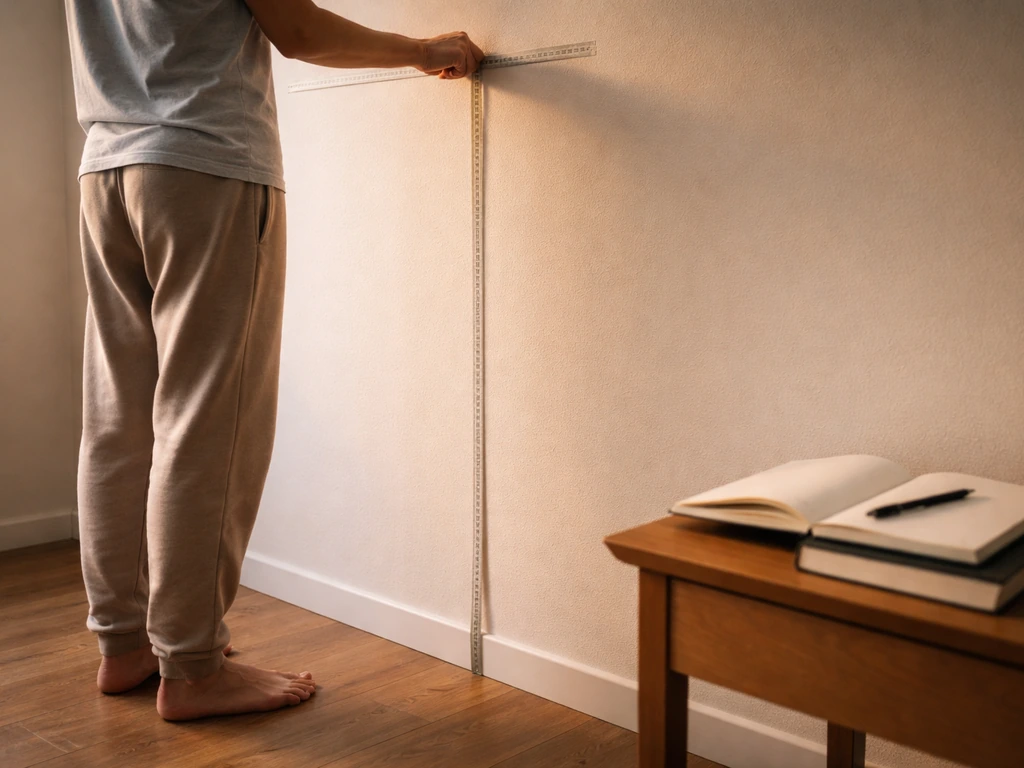 Anonymous person measures height against a flat wall with tape; notebook and pen nearby.