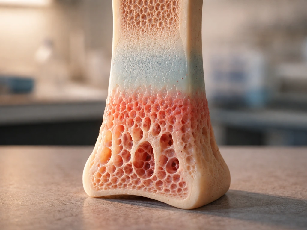 Close-up 3D-like medical model showing a growth plate transitioning from cartilage to bone under warm light