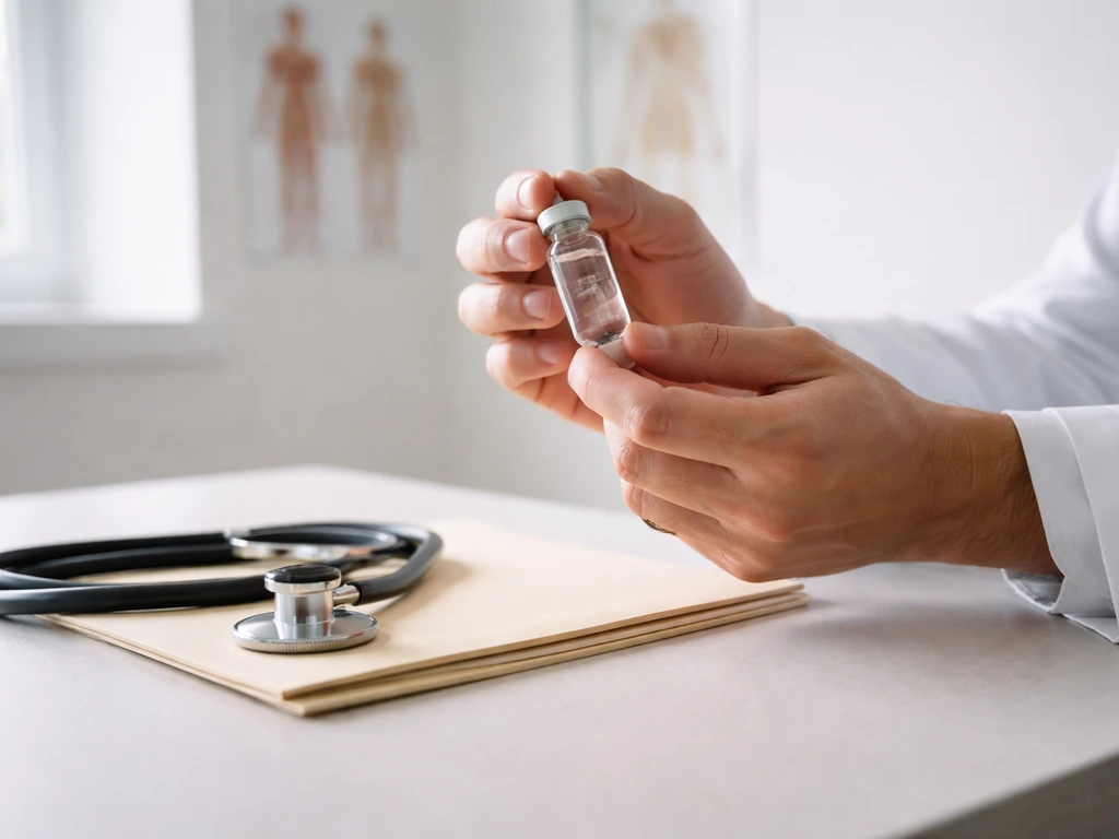 Clinician’s hands with a vial on a desk in a simple room, with soft background anatomy cues.