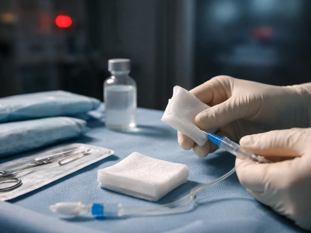 Close view of a sterile medical procedure setup with caution-like care details and red warning lights in the background