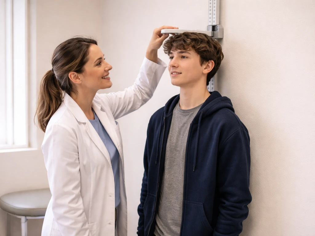 Clinician measures a teen’s height in a quiet exam room, focusing on growth monitoring.