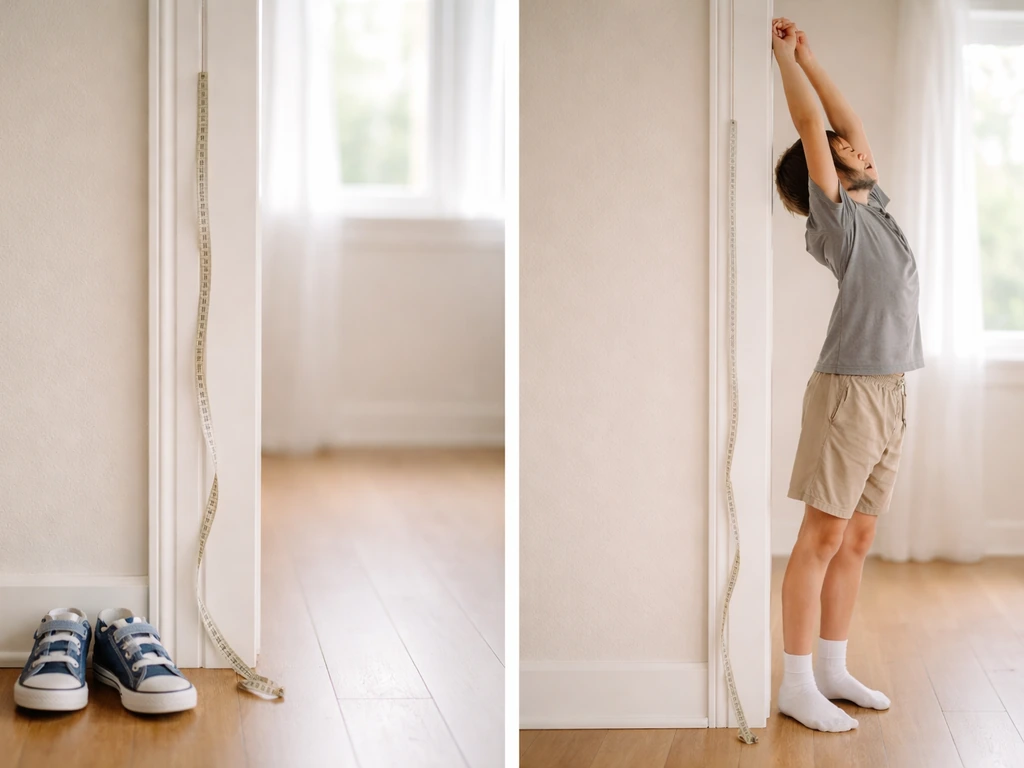 Side-by-side photo of a child’s growth measuring tape and an adolescent stretching motion near a window.
