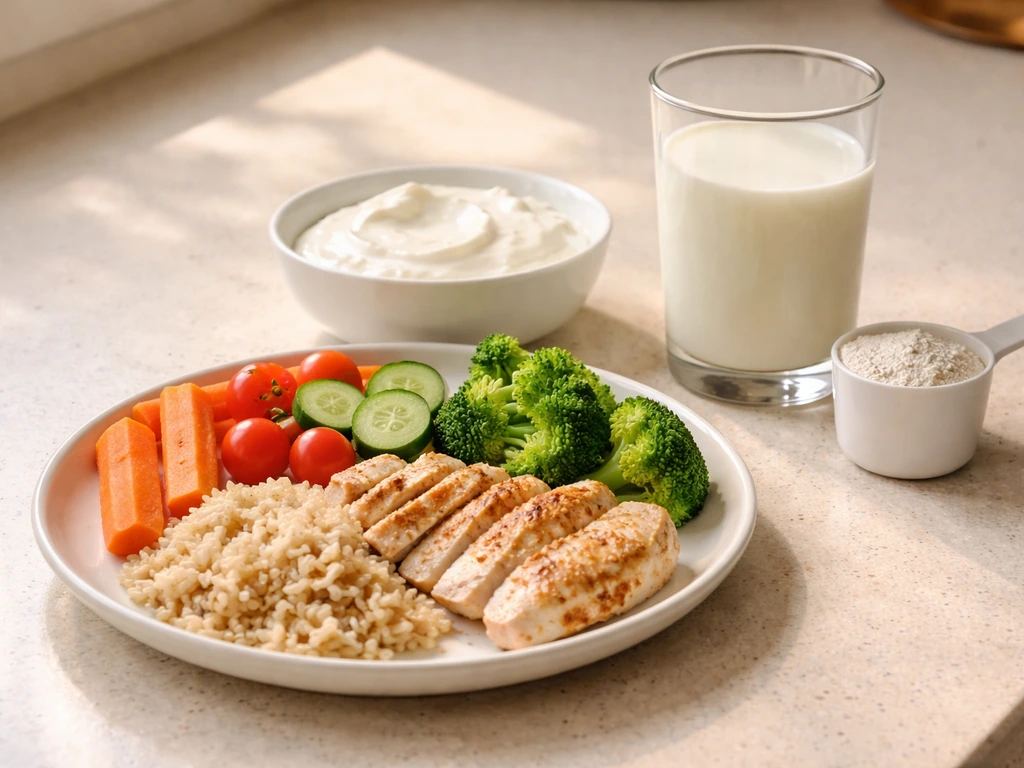 Close-up of a balanced meal plate with protein, calcium, a glass of milk or yogurt, and a measuring scoop.