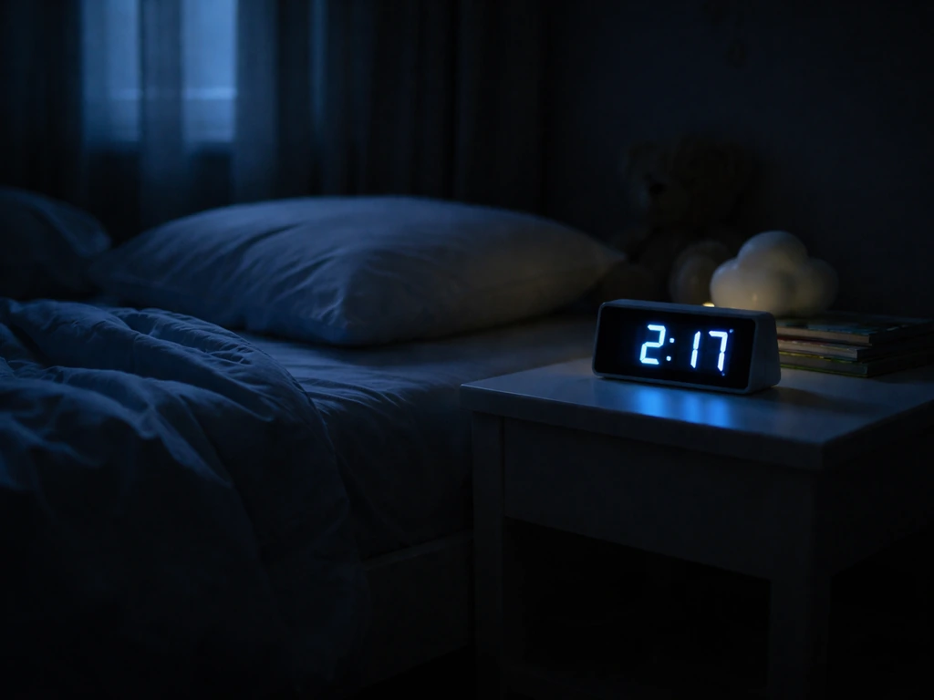 Dark child’s bedroom at night with a bedside digital alarm clock glowing softly near the bed.