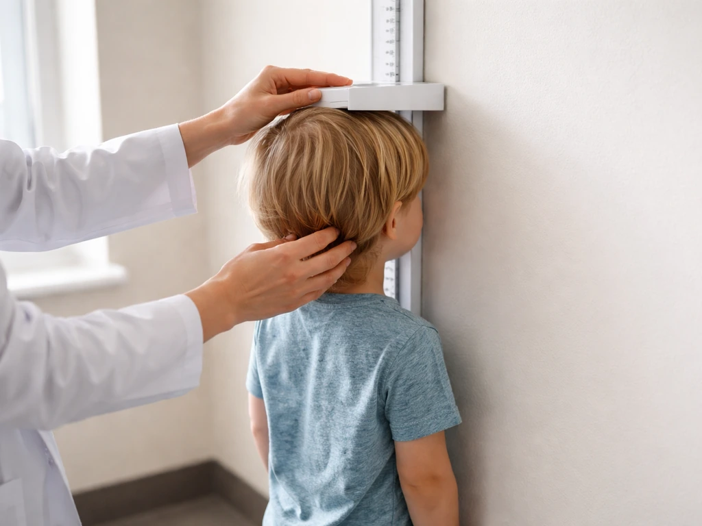 Clinician measuring a child’s height beside a heightometer in a simple exam room