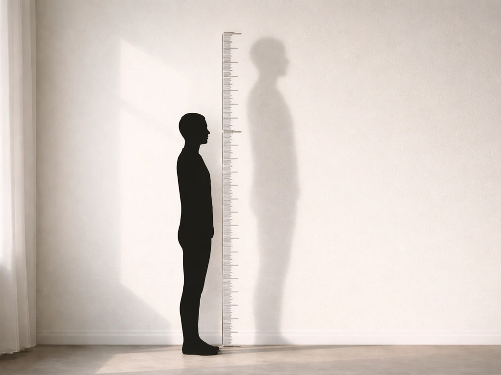 Shadow silhouette beside a plain ruler showing limited height gain, with a stark genetics-versus-claims feel.