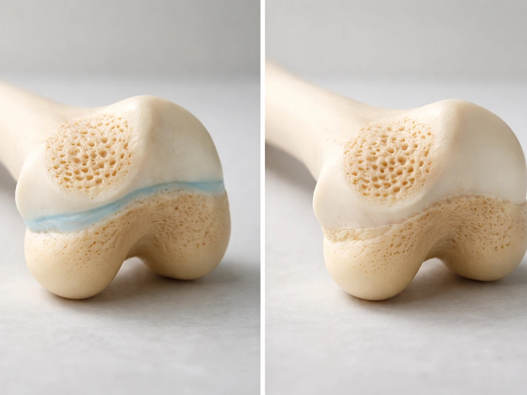Close-up of anatomic model showing open vs fused epiphyseal growth plates in a minimal lab setting