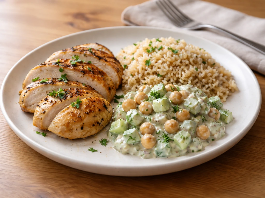 Close-up balanced meal plate with lean protein, dairy/legumes, and whole grains
