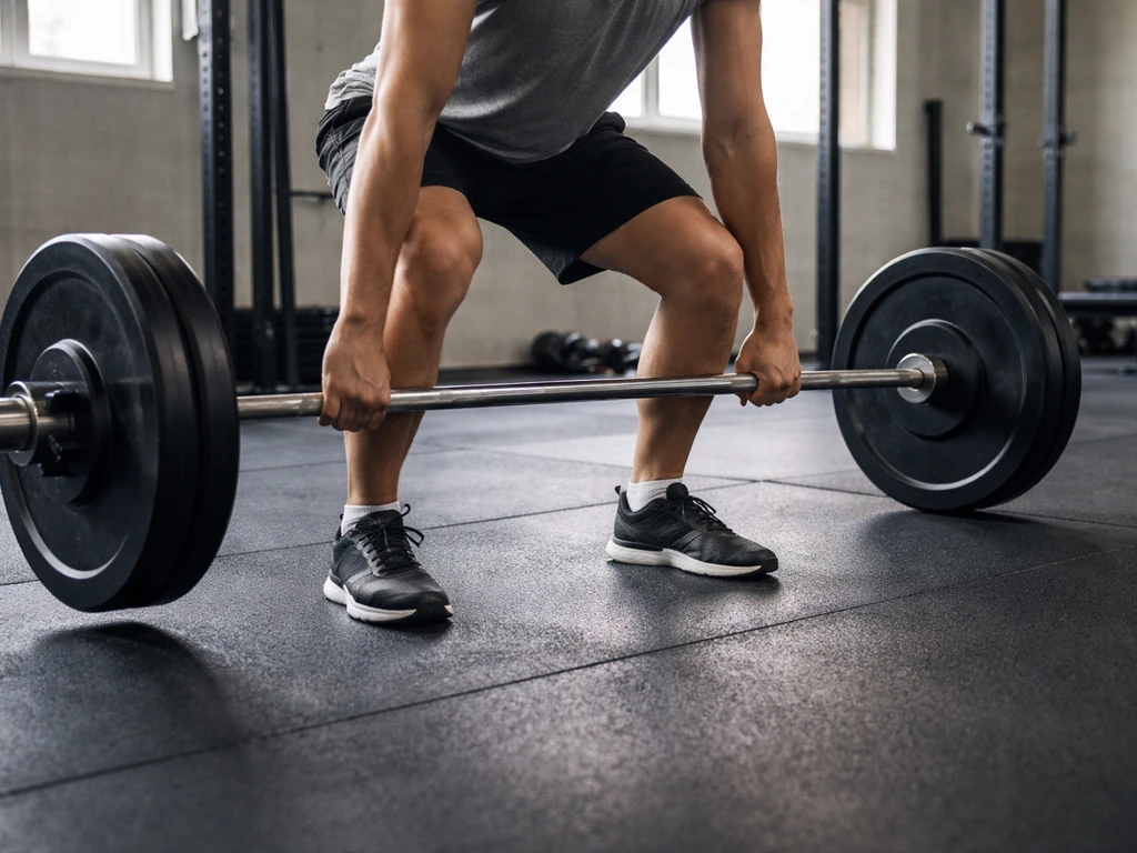 Waist-down view of a person setting up for a deadlift in a quiet gym, emphasizing proper form.