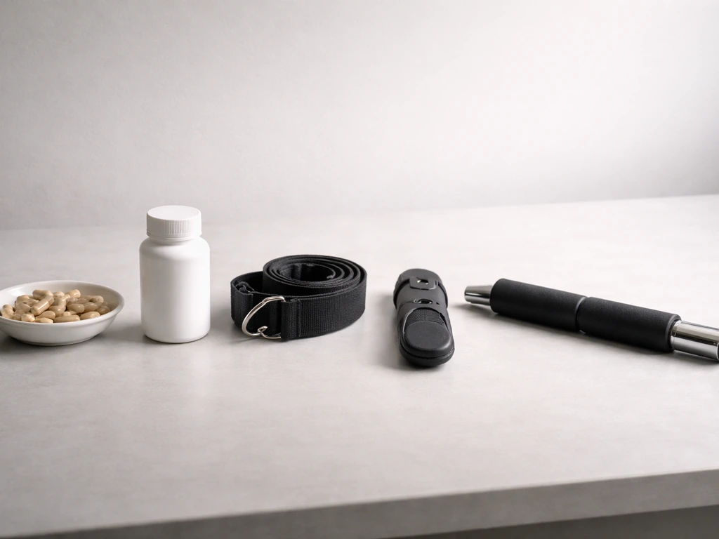 Minimal lineup of height-increase supplements and devices on a clean table with a skeptical framing