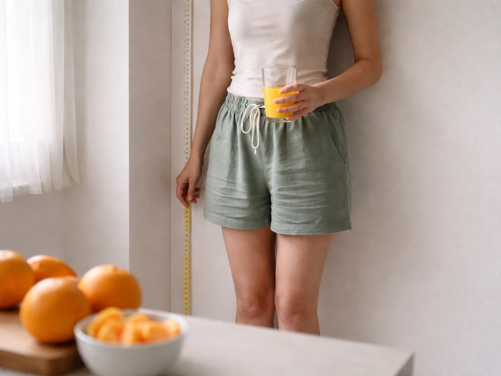 Barefoot person measuring height by a wall while holding a glass of orange juice; oranges in the foreground.