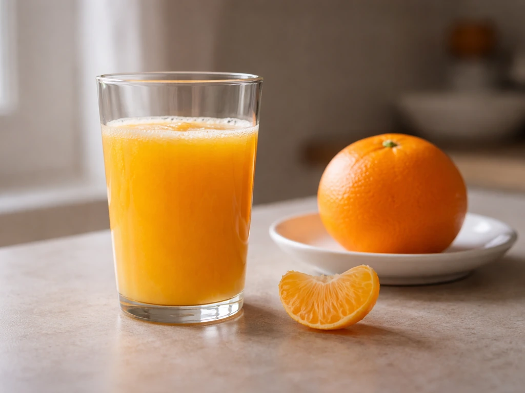 Glass of orange juice with visible froth next to an orange segment and a whole orange on a plate.