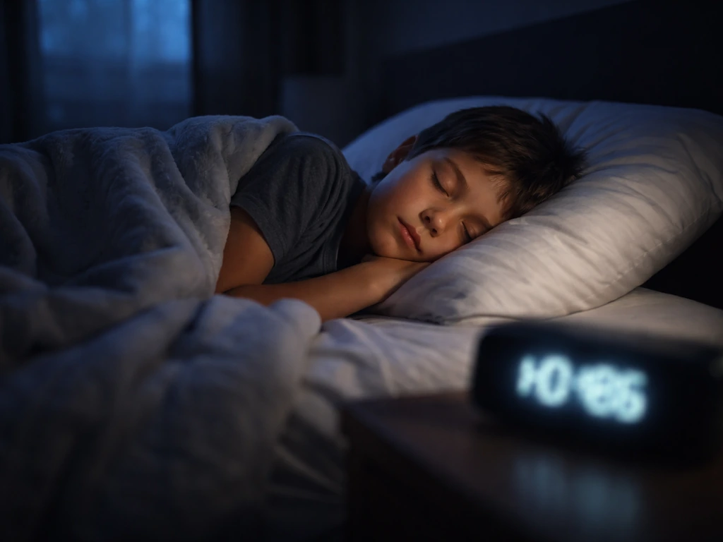 Child sleeping peacefully in a dark room beside a bedside alarm clock