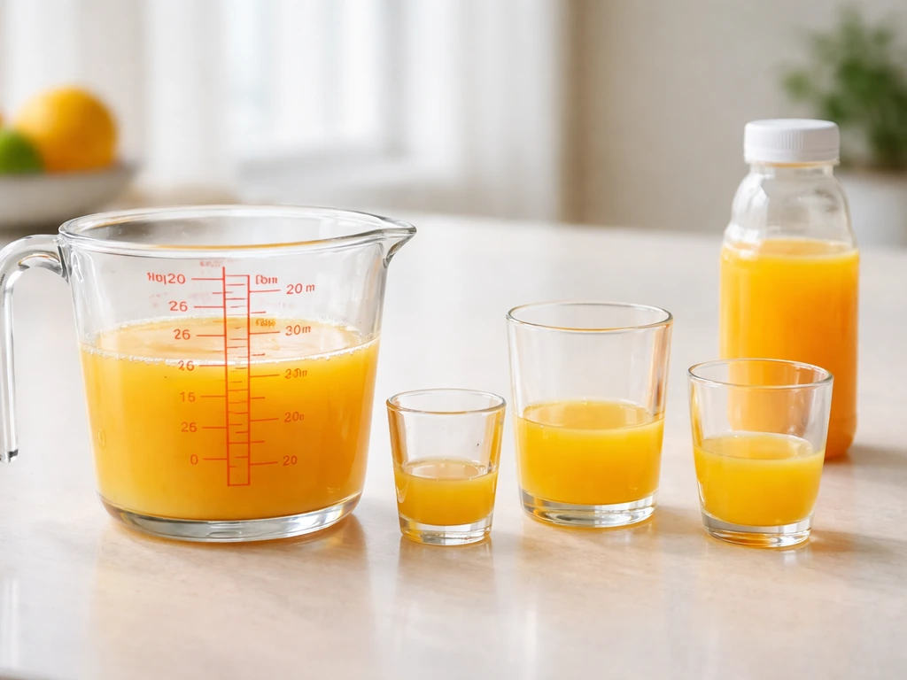 Measuring cup with ounce markings beside small glasses holding orange juice in a kitchen.