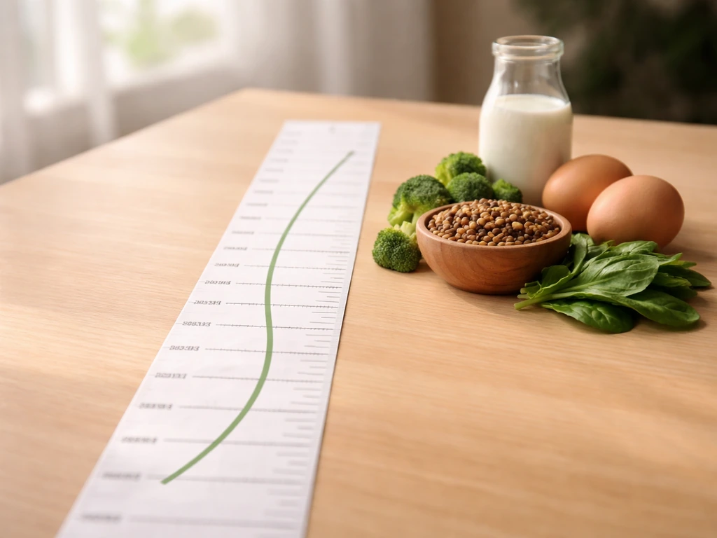 Growth height ruler with upward line beside vegetarian foods like leafy greens and legumes