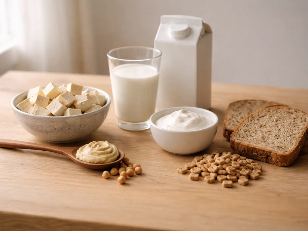 Minimal still life of tofu, beans, milk, yogurt, and whole grains on a wooden table.