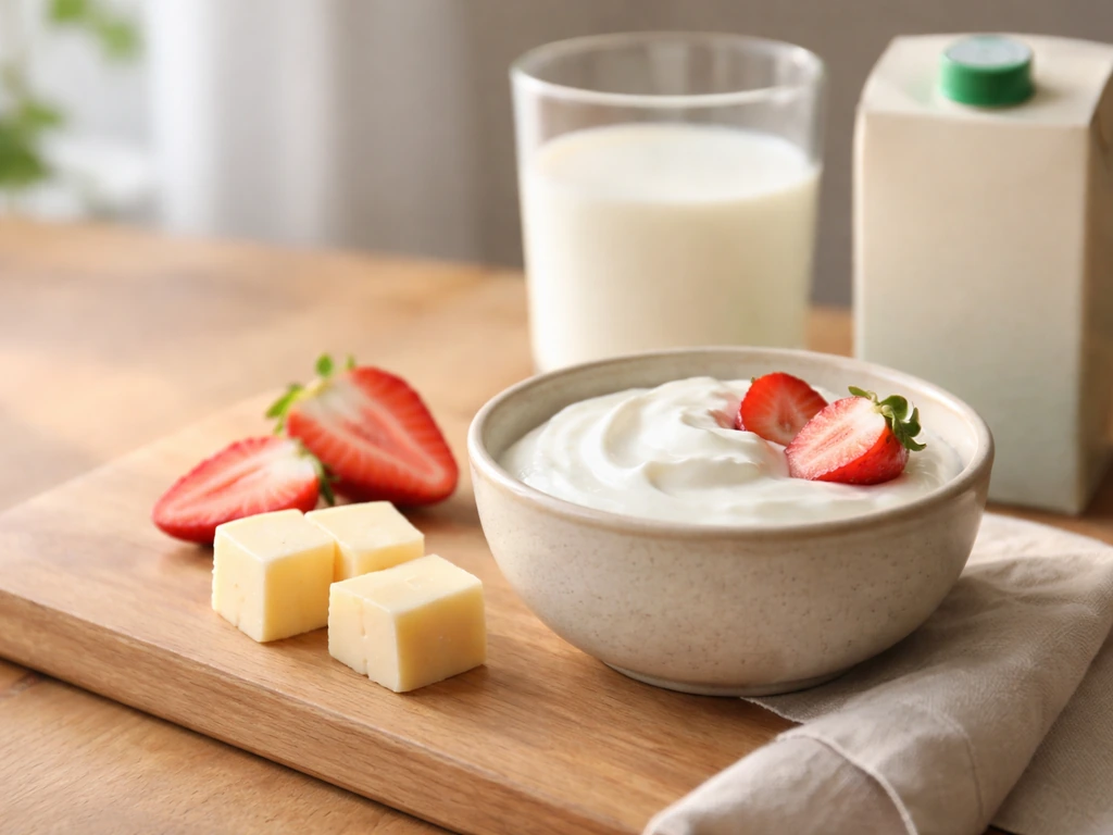 Close-up of yogurt, cheese, milk, and fortified plant milk on a wooden board in natural light.