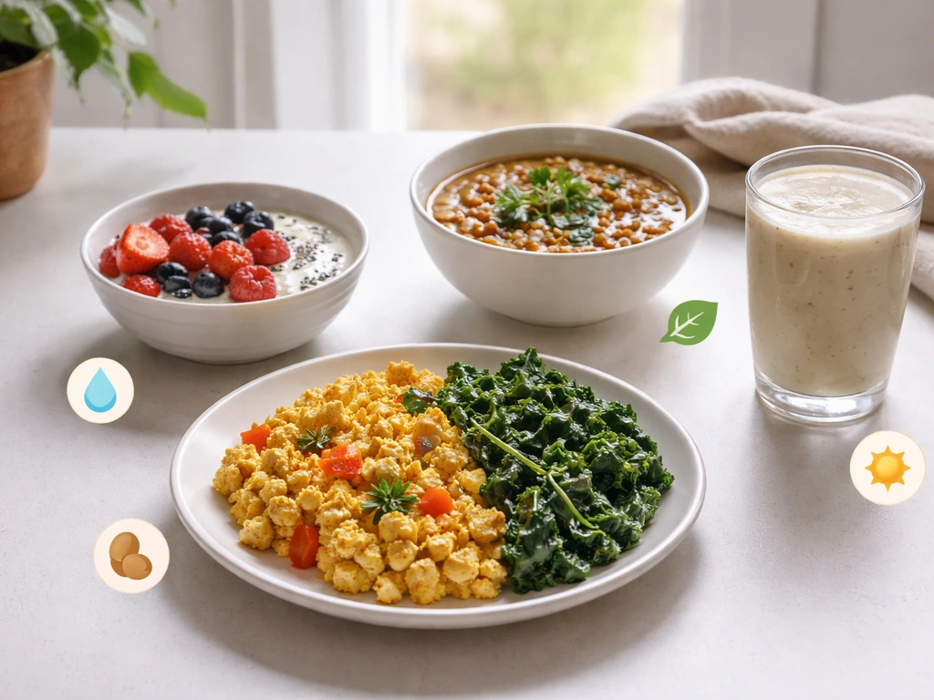 Minimal vegetarian meal layout on a kitchen counter with four plates for protein, calcium, iron/zinc, and B12.