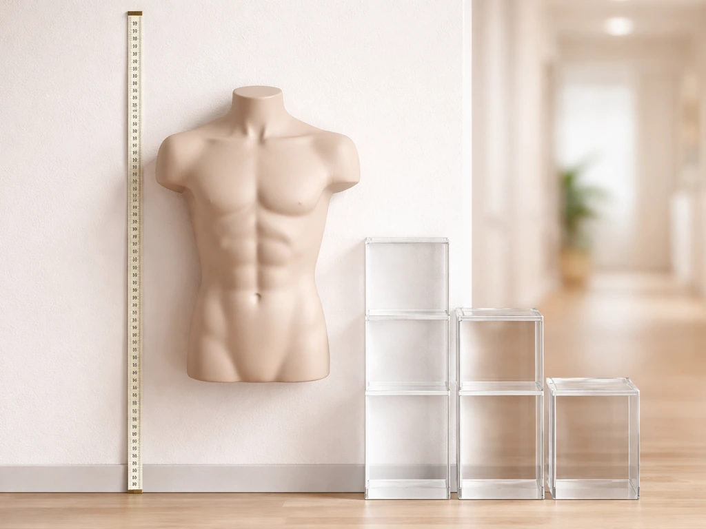 Measuring tape and mannequin torso with subtle vertical progression blocks suggesting height and body composition change
