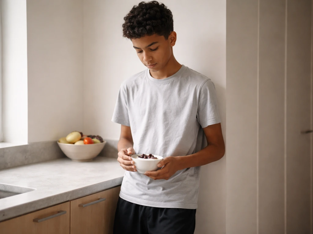 Teen in a simple home setting holding a snack, suggesting steady growth during puberty.