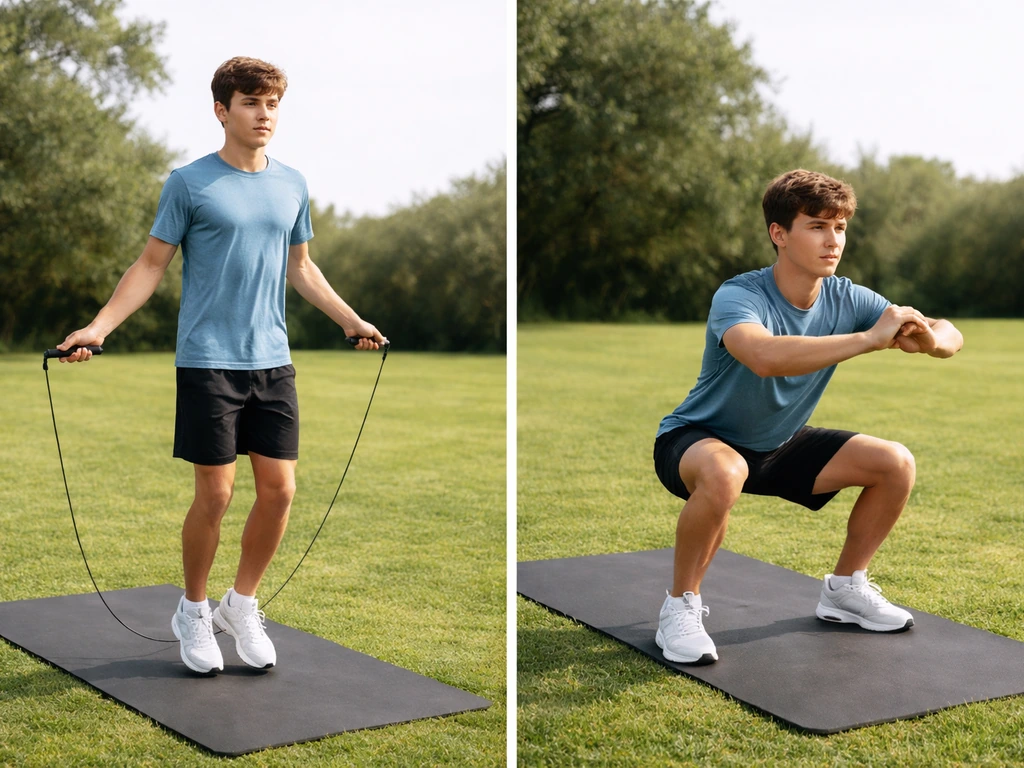 Teen doing jump rope and bodyweight squats outdoors on a simple exercise area.