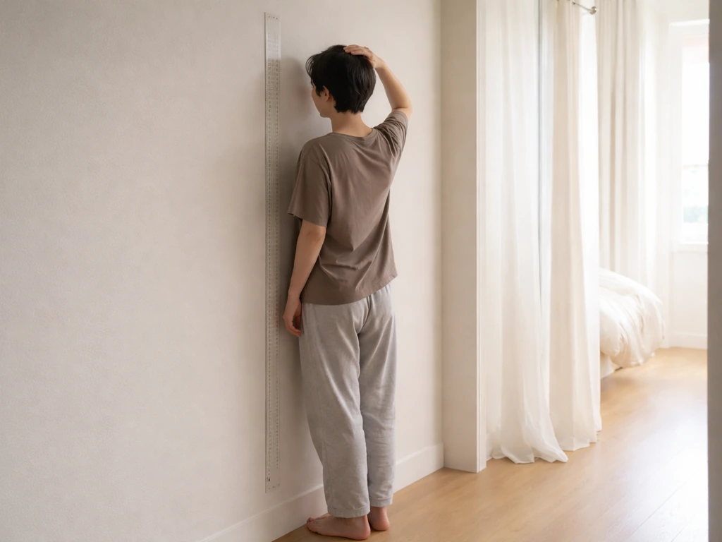 Person measuring morning height against a wall-mounted tape in soft natural light